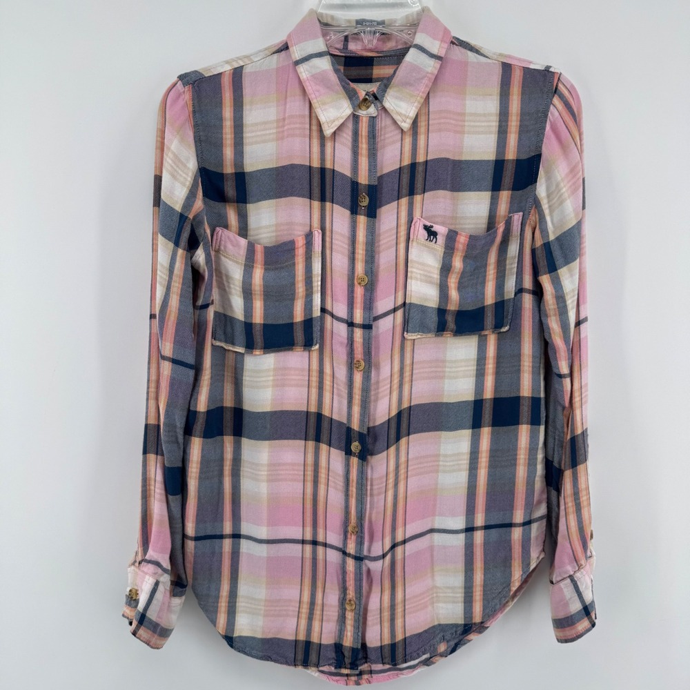 Abercrombie & Fitch Button Down Womens XS Pink Plaid Long Sleeve Moose Logo